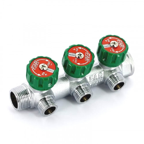 Коллектор распределительный FAR 3/4″, проходной, хромированный, 3 отвода 1/2″ плоское уплотнение
