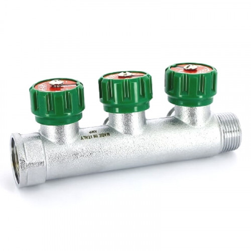 Коллектор распределительный FAR 3/4″, проходной, хромированный, 3 отвода 1/2″ плоское уплотнение