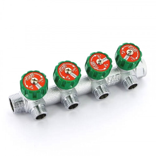 Коллектор распределительный FAR 3/4″, проходной, хромированный, 4 отвода 1/2″ плоское уплотнение