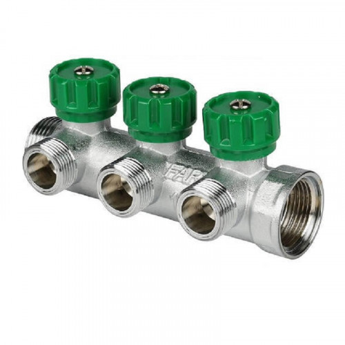 Коллектор распределительный FAR 1″, проходной, хромированный, 3 отвода 1/2″ плоское уплотнение