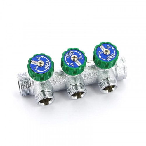 Коллектор распределительный FAR 1″, проходной, хромированный, 3 отвода 3/4″ ЕК