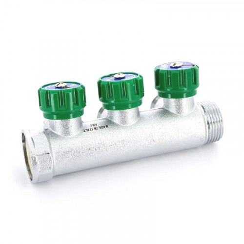 Коллектор распределительный FAR 1″, проходной, хромированный, 3 отвода 3/4″ ЕК
