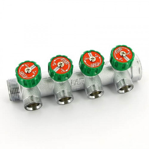 Коллектор распределительный FAR 1″, проходной, хромированный, 4 отвода 3/4″ ЕК