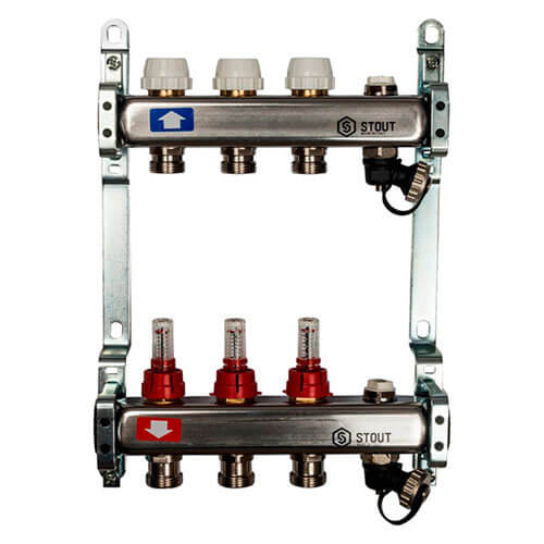 Коллектор из нержавеющей стали с расходомерами, с клапаном вып. воздуха и сливом 3 вых. SMS-0927-000003 STOUT