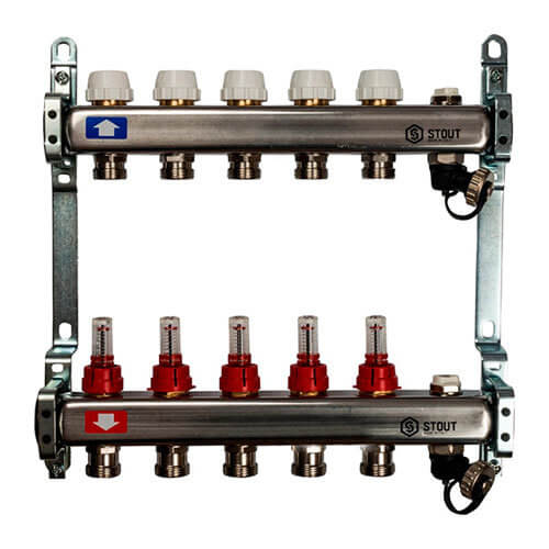 Коллектор из нержавеющей стали с расходомерами, с клапаном вып. воздуха и сливом 5 вых. SMS-0927-000005 STOUT