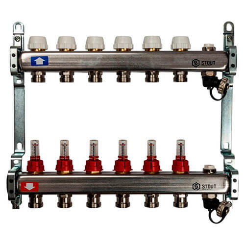 Коллектор из нержавеющей стали с расходомерами, с клапаном вып. воздуха и сливом 6 вых. SMS-0927-000006 STOUT