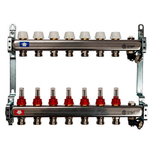 Коллектор из нержавеющей стали с расходомерами, с клапаном вып. воздуха и сливом 7 вых. SMS-0927-000007 STOUT